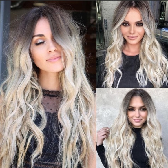 22” Ombre Platinum Blonde Wavy Wig Dark Roots Middle Part Wig Synthetic *NEW*